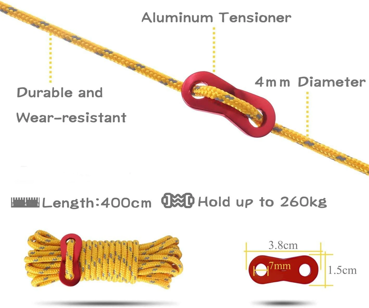 4m Reflective Guy Lines Tent Cord Dia 4mm with Adjuster Tensioner Outdoor Camping Guyline Rope for Tent Tarp Backpack Hiking