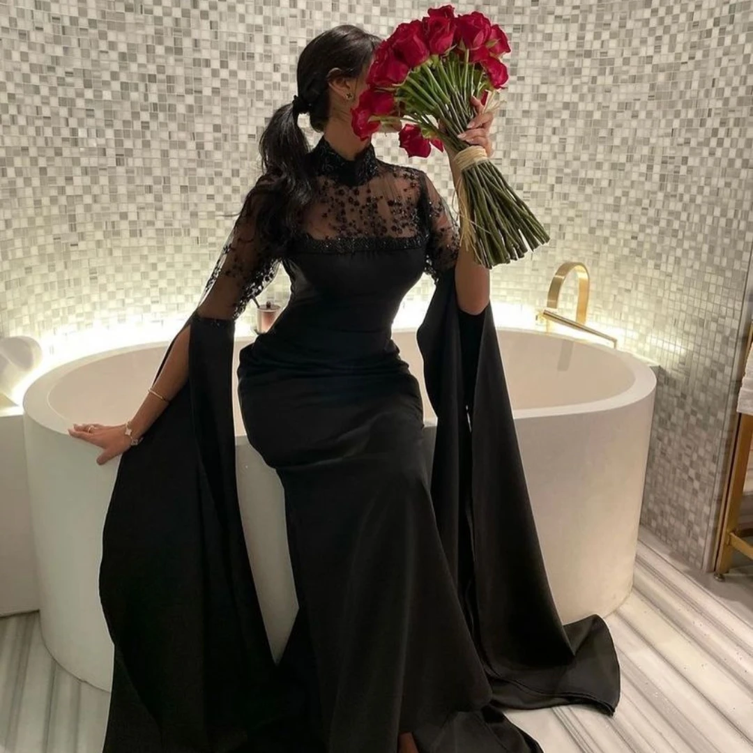 Meetlove-vestidos de graduación personalizados, hasta el suelo, con cremallera, corte en A, para fiesta de boda, apliques negros, cuello alto, 2023