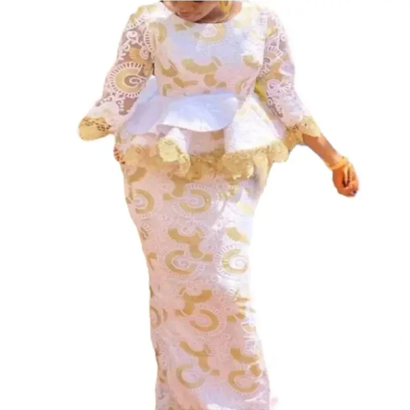 Chamliforve 2023 Wedding Party Clothes for Women Autumn  Long Sleeve O-neck 2 Piece Top Skirt Matching Sets African Outfits