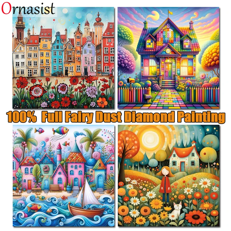 5D DIY Crystal Diamond Painting Kit, broca completa, paisagem, castelo, paisagem, bordado, strass, mosaico, fada, cidade, decoração de casa