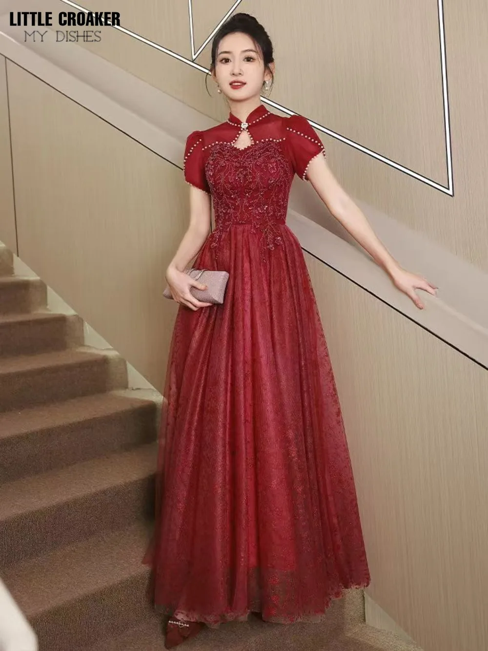 Vestido largo de fiesta de despedida de soltera con perlas de cuello mandarín para mujer, elegante vestido de graduación rojo Vintage de lujo