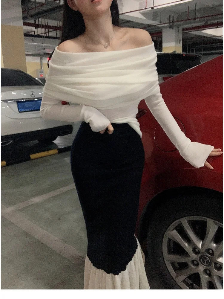 

Вязаный топ с эффектом похудения, на одно плечо, сексуальный, женский, с длинным рукавом, базовый, белый, с открытым плечом, модный трикотаж