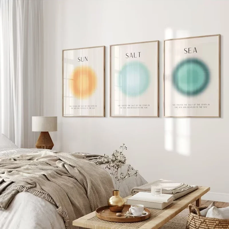 Póster Artístico de pared costero Sun Salt and Sea Aura, pintura en lienzo minimalista azul y amarillo para playa, decoración de pared para dormitorio
