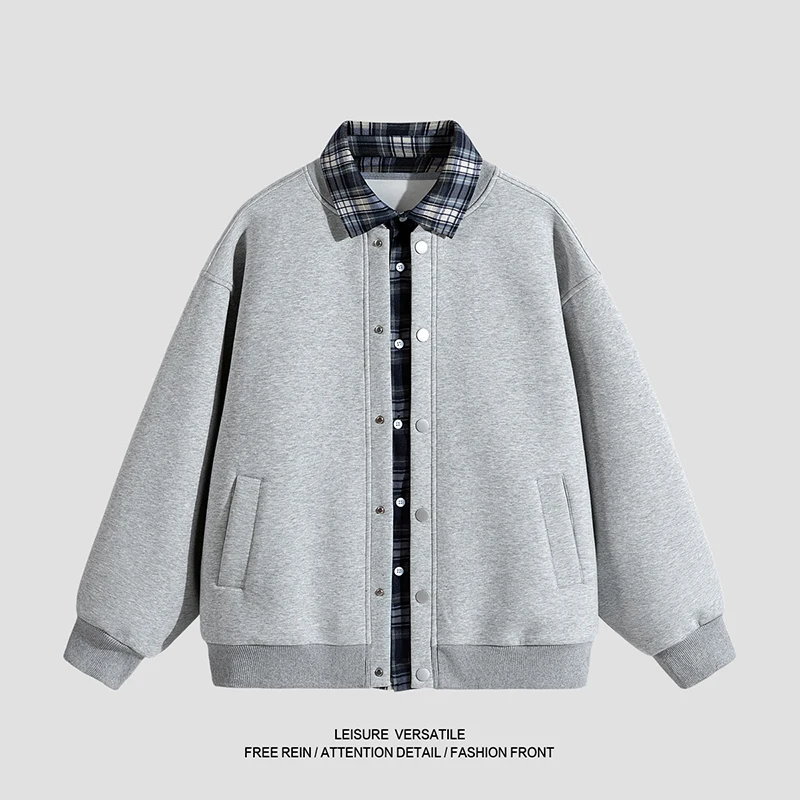 

Men's Fashionable Two-Piece Style Jacket Checkered Collar Button-Up Outerwear Unique Color-Blocked Oversized Casual Fit