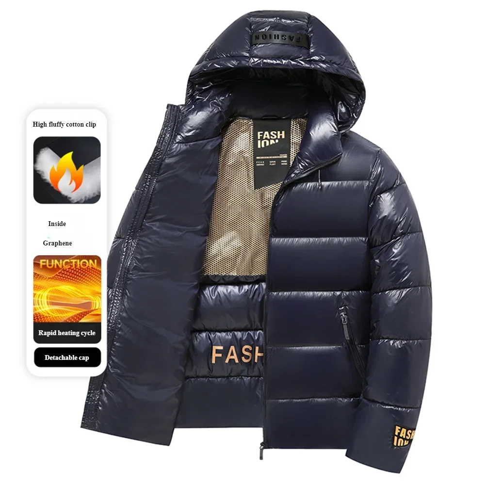 Heren winter glanzende gewatteerde jas Business Casual dikke warme katoenen gevoerde jas met afneembare capuchon winddichte parka jas heren
