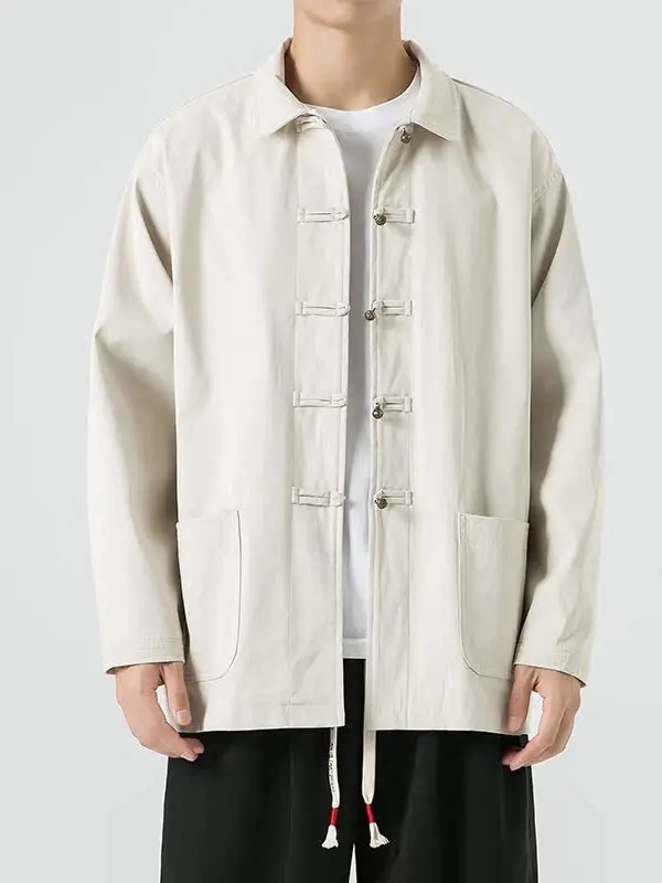 

Loose Fit Men's Jaet Autumn Season Chinese Sle Copper Button Design Workwear Coat Youth Faion Big Size Casual Outerwear