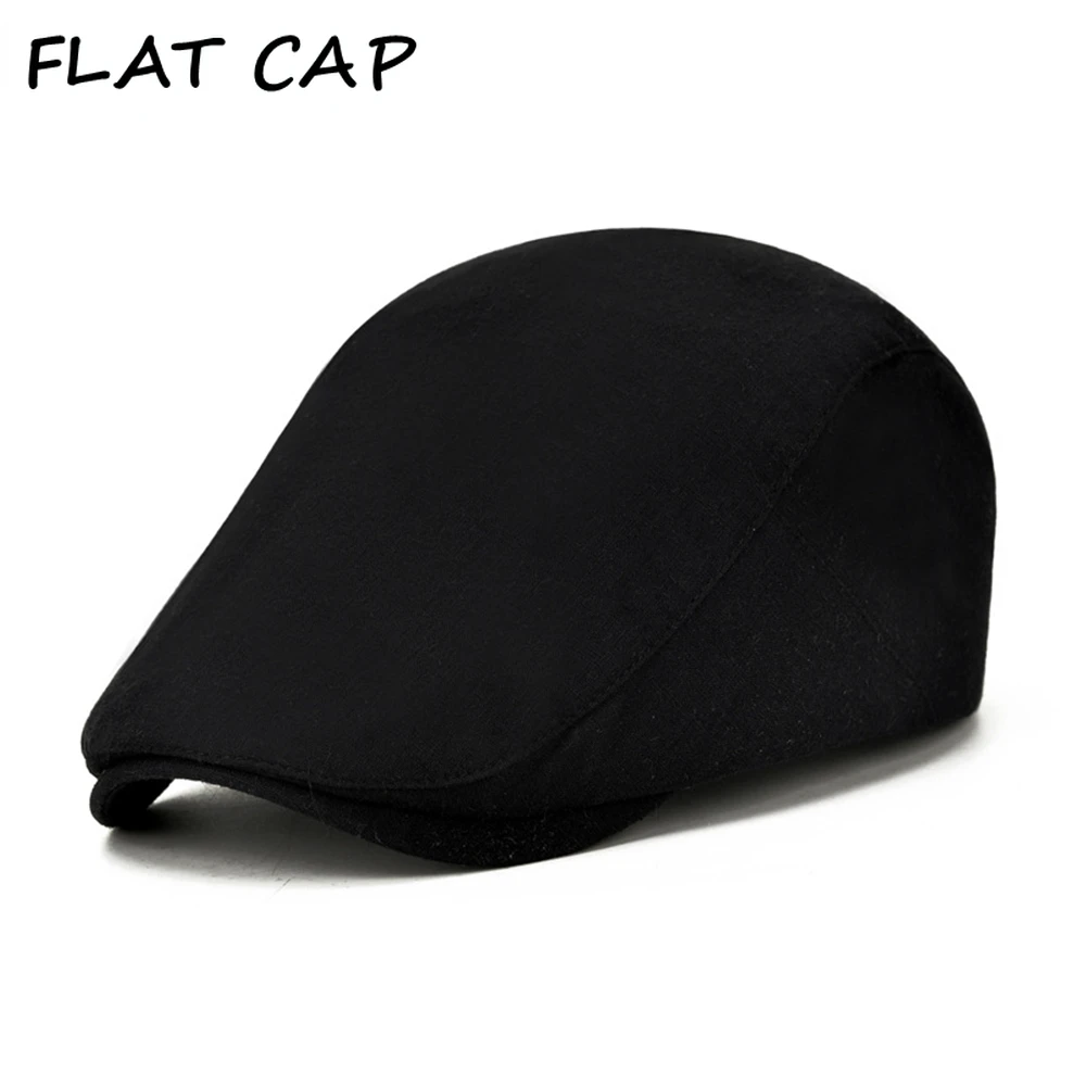 

FLAT CAP Summer Mens Beret Black Cotton British Style Casual Driving Peaked Newsboy Solid Retro Adjustable Men's Ivy Hats