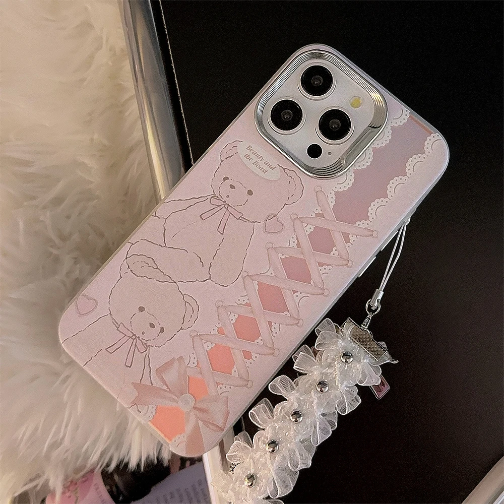 Korea Cute Pink Graffiti Bear Bow Ribbon Frosted Laser Phone Case Chain For iPhone 15 14 13 11 12 Pro Max Lanyard Cover