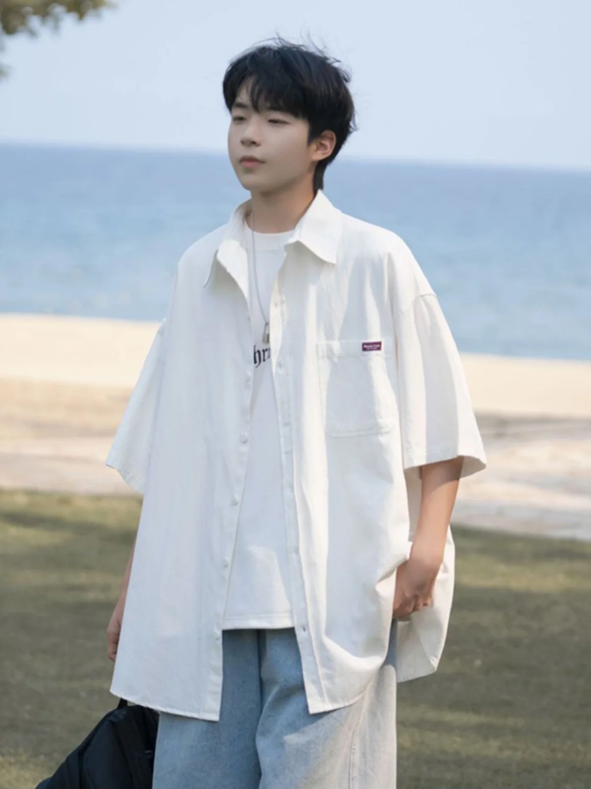 

White ort Sve Men's irt Summer Youthful Sle Japanese Retro Loose Fit Button down No Ironing Required Faionable Out...