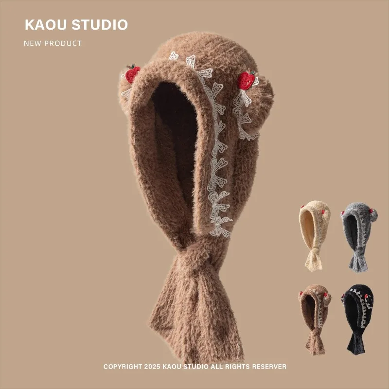 

Новые милые кружевные банты с милыми медвежьими ушками, утолщенные плюшевые шапки-бомберы для женщин, зимние путешествия, теплая защита ушей, универсальные