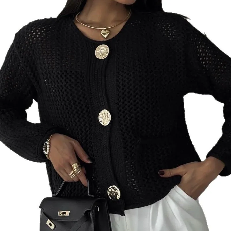 Printemps automne transfrontalier bouton unique aiguille épaisse haut du corps vêtements d'extérieur femmes à manches longues évider manteau en tricot