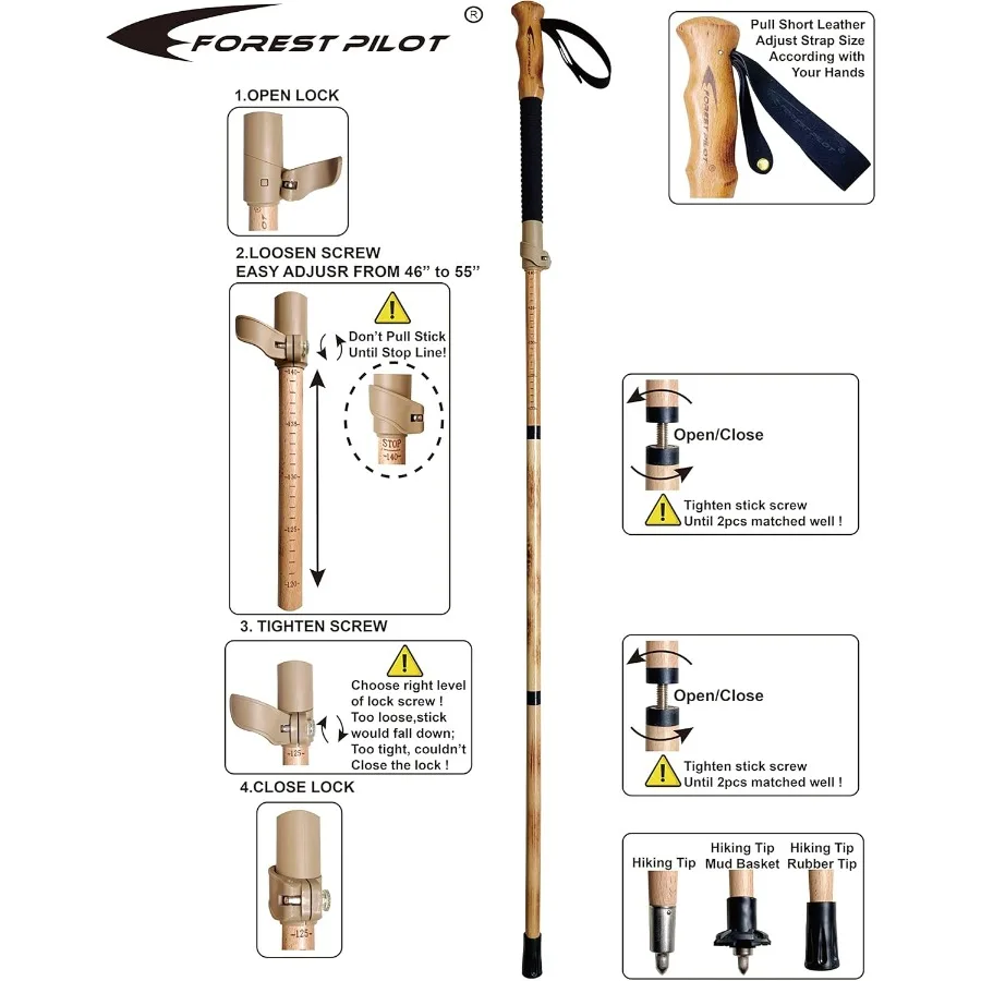أقطاب رحلات قابلة للتعديل للمشي لمسافات طويلة والمشي في الهواء الطلق، بناء متين من خشب الزان الطبيعي مع ميكانيكي سريع التعديل
