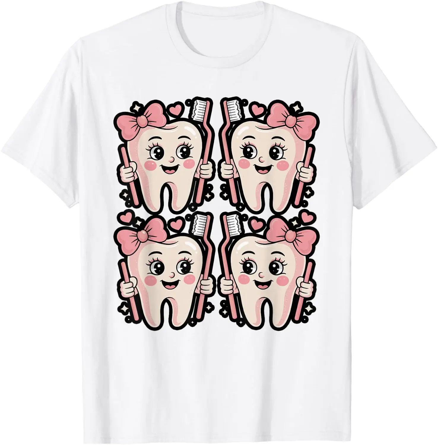 Teeth And Bows Grid Cute Dental Aesthetic T-Shirt 100% Cotton Trendy Y2K Short-Sleeve Tee-Soft, Quick-Drying, Moisture-Wicking;