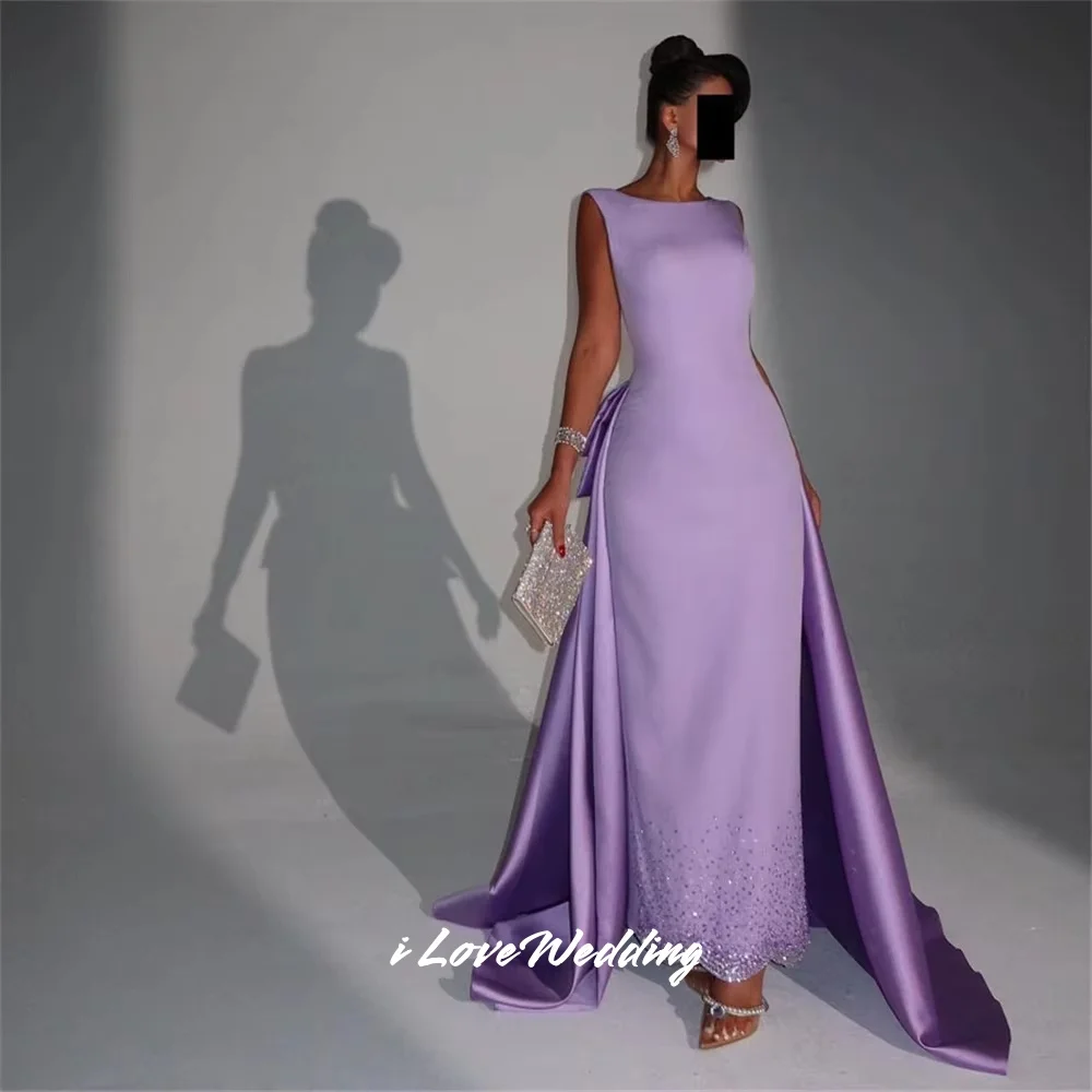 Purple O-Neck Prom Dresses 2025 Sleeveless Mermaid Backless Pleat Beaded Sweep Train Ankle-Length Wedding Party Dress Customized