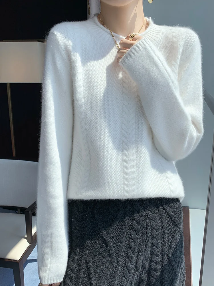 High-end Autumn Winter Women Sweater 100% Merino Wool O-Neck Pullover Twist Flower Long Sleeve Knit Korean Fashion Women Clothes