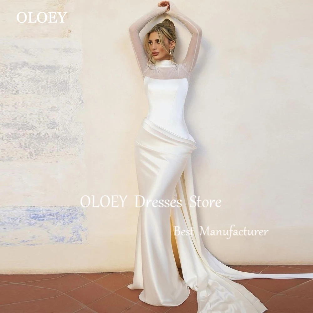 OLOEY Elegant Ivory Mermaid Wedding Dress High Neck Bridal Gown With Scarf Floor Length Zipper Pleats Satin Customized Prom Gown