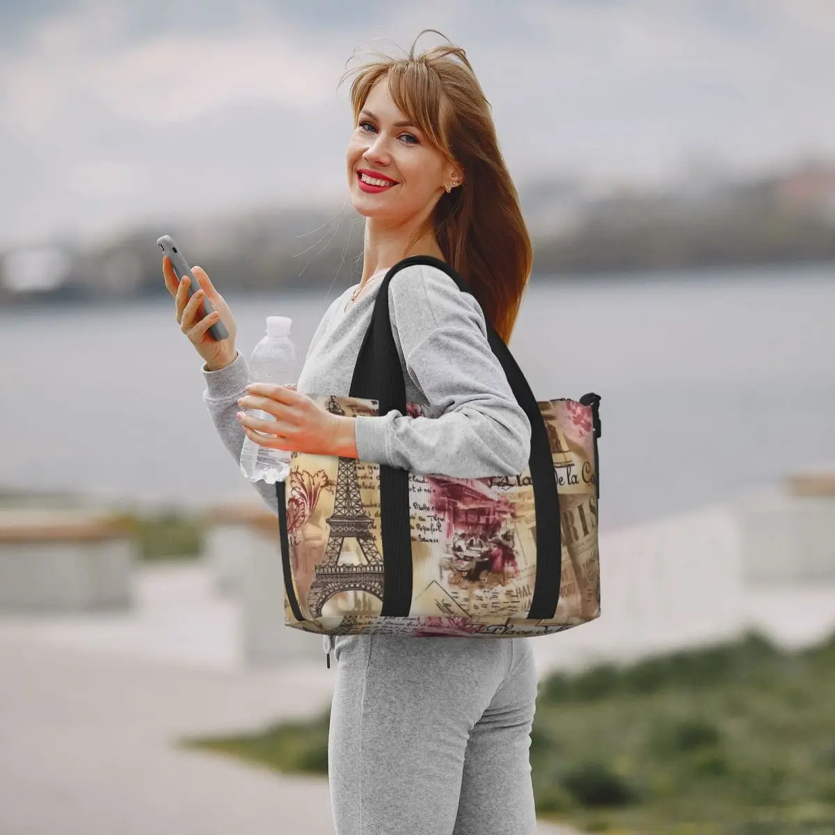 Bolsa tote personalizada da França Paris Torre Eiffel feminina de grande capacidade para praia e academia bolsa de viagem de ombro