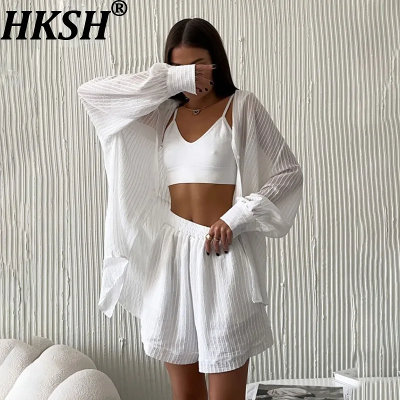 

HKSH Summer New Women Casual Set Striped Single Breasted Turn-down Collar Long Sleeve Sheer Shirt Elastic Waisted Shorts HK17036