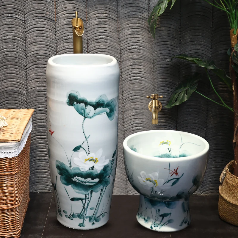 Chinese lotus vertical washbasin ceramic art column courtyard balcony floor-standing hand washing integrated pool