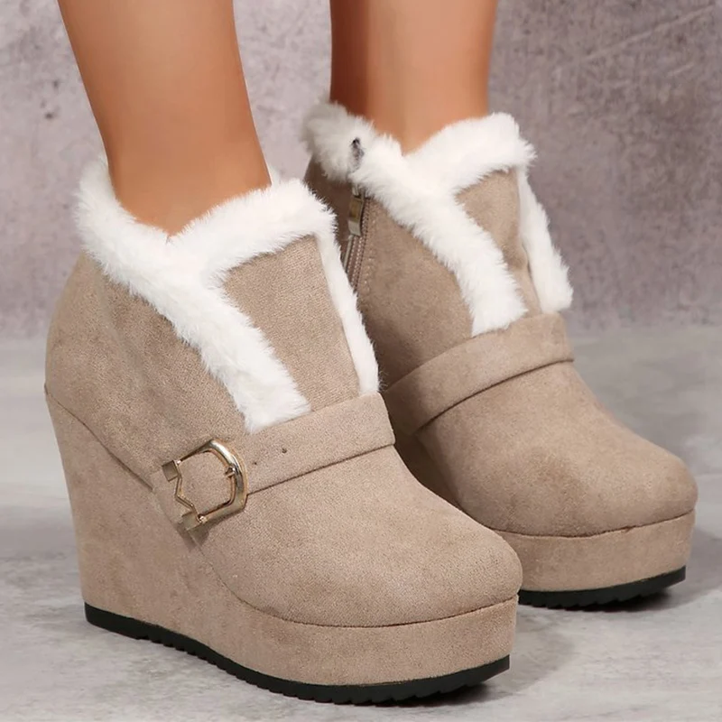 

Женские ботинки на танкетке на массивной платформе, цвета хаки, искусственная замша, плюшевые зимние ботинки, женские пикантные хлопковые туфли на очень высоком каблуке 10 см, женские туфли