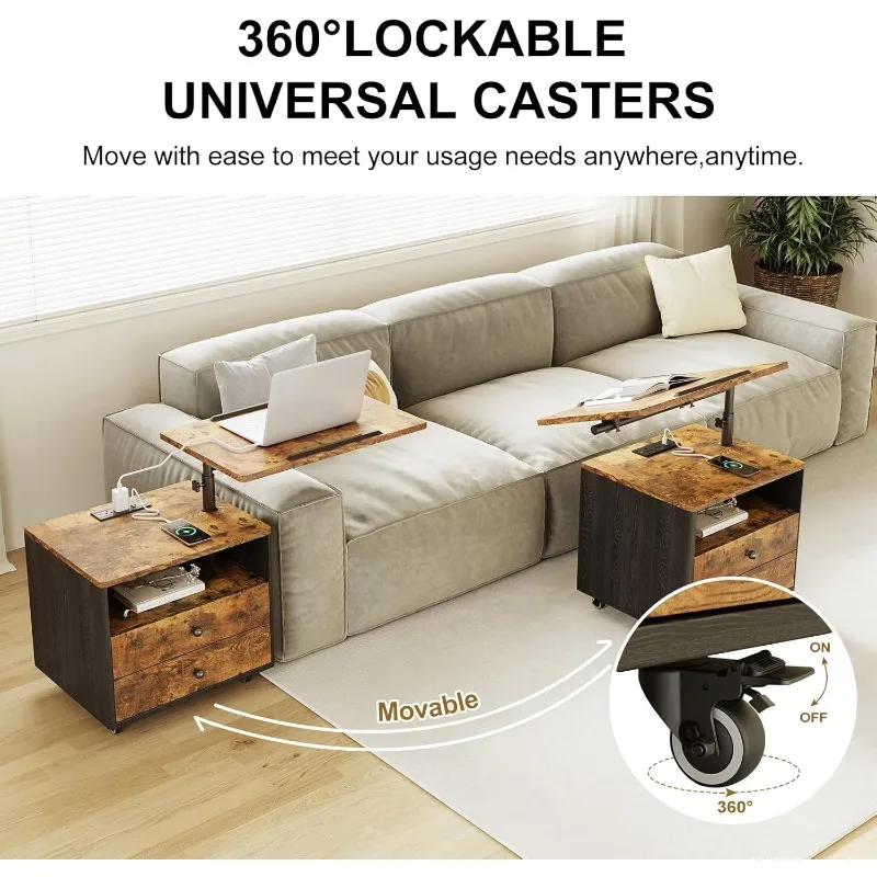 Bedroom Nightstand With Drawers & Charging Station, Adjustable Height Bedside Table With Wheels, Wooden Small Sofa Side Tables