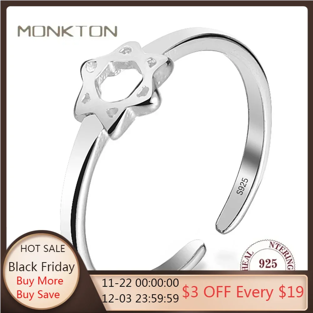 Monkton 100% 925 Sterling Silver Hollow Star Rings for Women Simple Opening Adjustable Star of David Silver 925 Wedding Jewelry