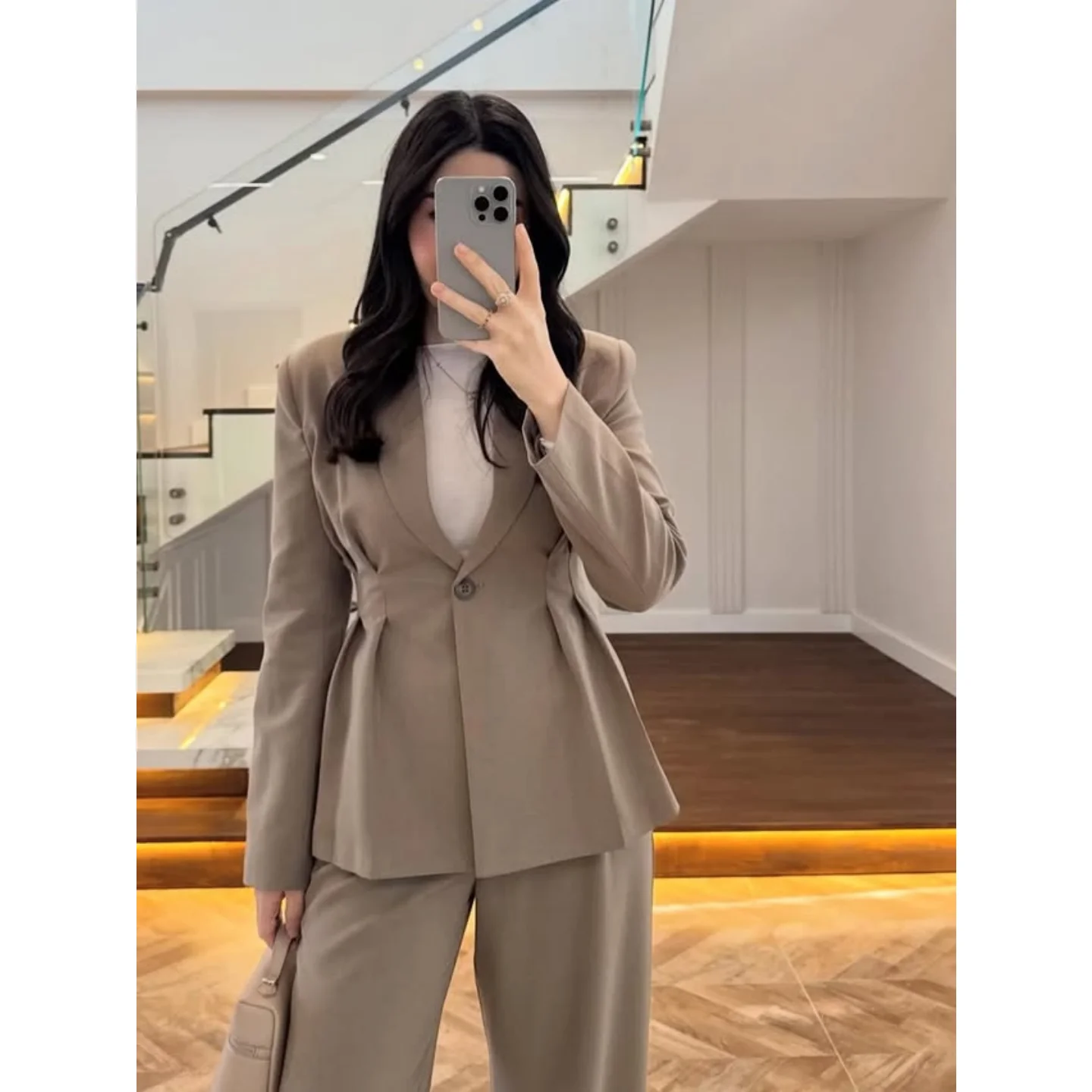 Khaki Women's 2 Piece Pants Suit Elegant Tailored Fit Blazer Set Formal Business Office Wear Long Sleeve Evening Customized