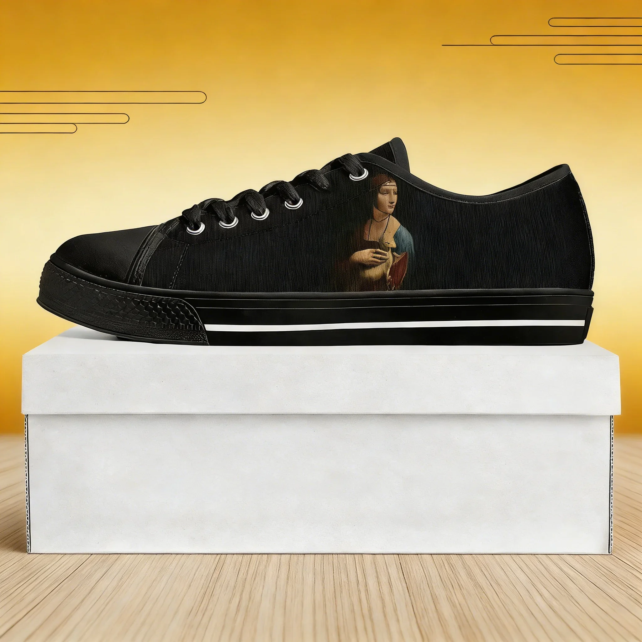 

Custom Black Canvas Sneakers with Lady Ermine Print, Low Top Unisex Casual Shoes