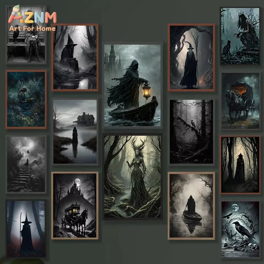 AZNM Dark Gothic Halloween Canvas Wall Art Grim Reaper Witch Haunted House Misty Forest River Vintage Horror Print Unframed Canv