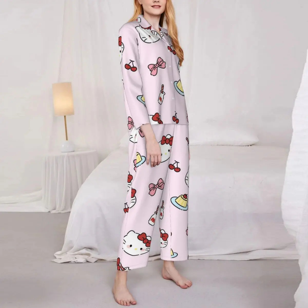 Conjunto de pijamas femininos fofos Hello Kitty conjunto de 2 peças para mulheres terno casual de manga comprida