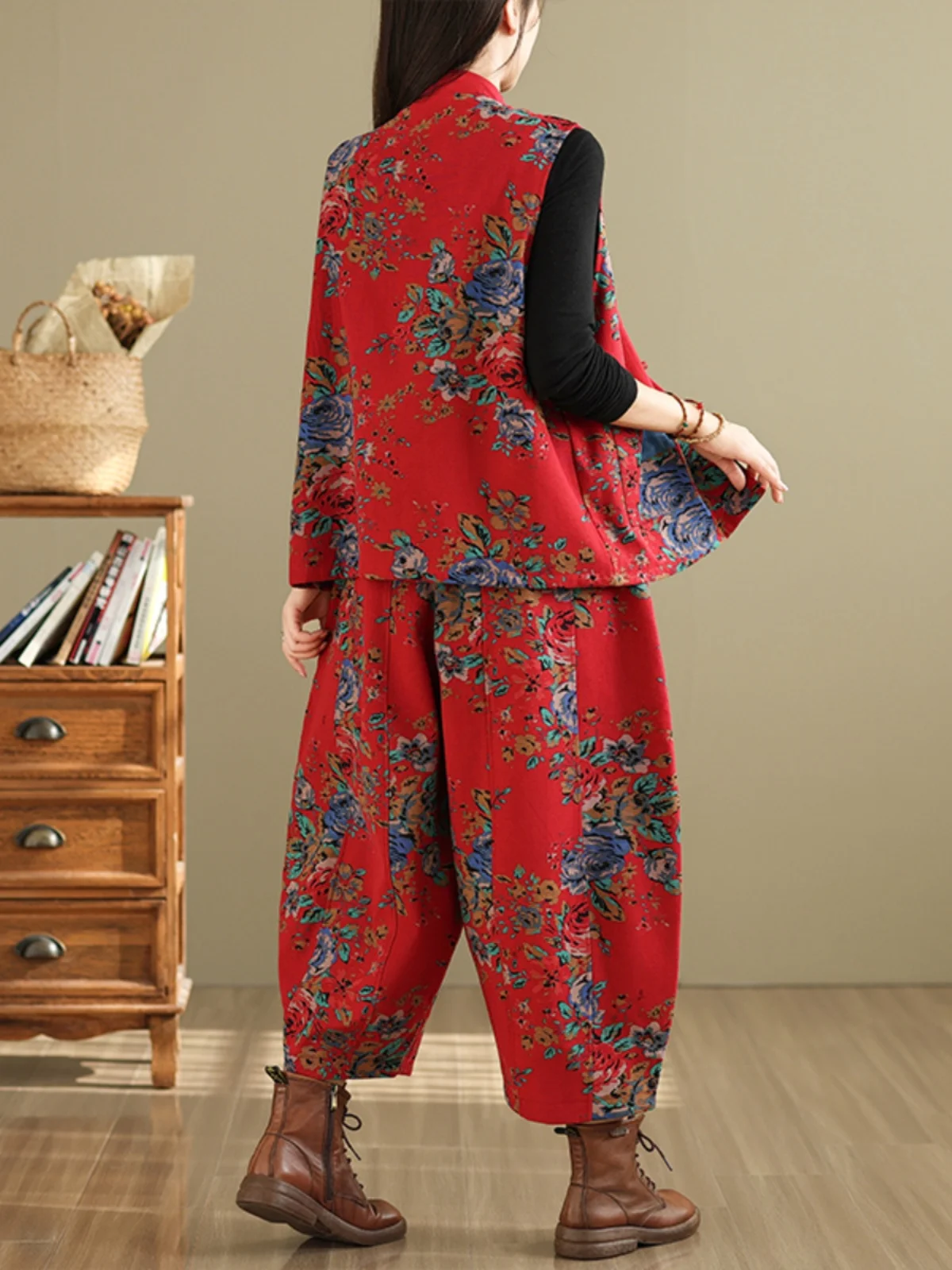 เสื้อกั๊กผู้หญิง Thiened Fce ทรงหลวม สไตล์วินเทจ ลายพิมพ์ชาติพันธุ์ สีแดง เสื้อคลุมตัวนอก ความยาวปกติ ติดกระดุมเม็ดเดียว