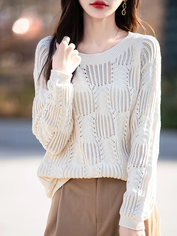 100% Pure Cotton Knitted Hollow out Loose Fit Long Sleeve Crew Neck Base Shirt Women's Thin Style Full Cotton Top Versatile A...