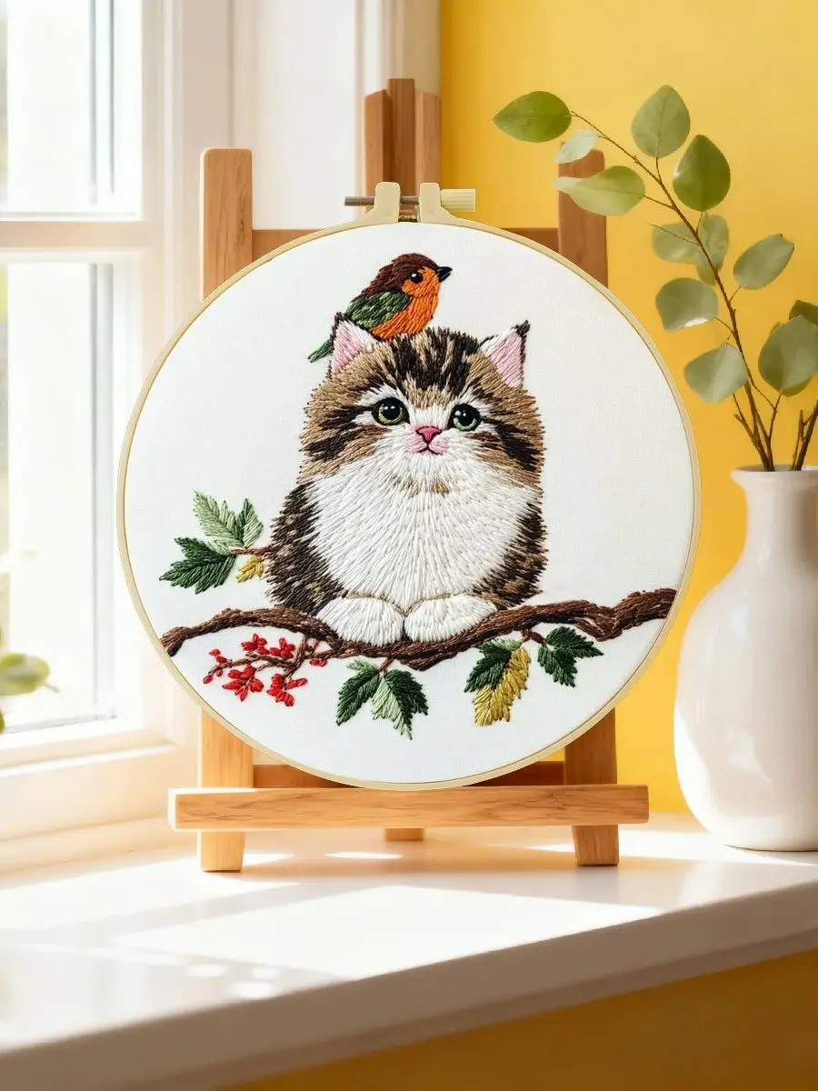 1 Stück 20X20CM/15X15CM 7,87/6,3 Zoll Katzen-Stickerei-Starter-Kit DIY-Kit DIY-Stickerei-Set Handarbeits-Set für Anfänger – Detail 6