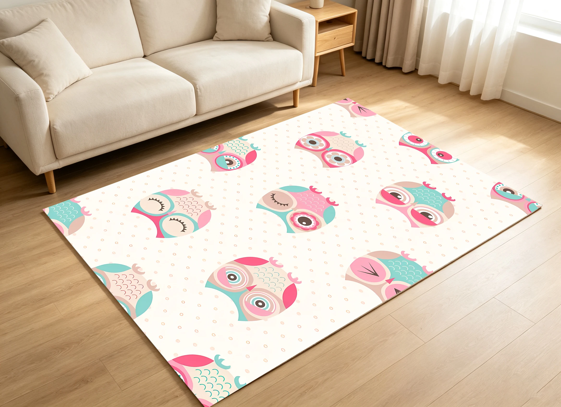 2D Large Carpet Pink Blue Playful Owl Sweet Soothing for Bedroom Living Room Bedside