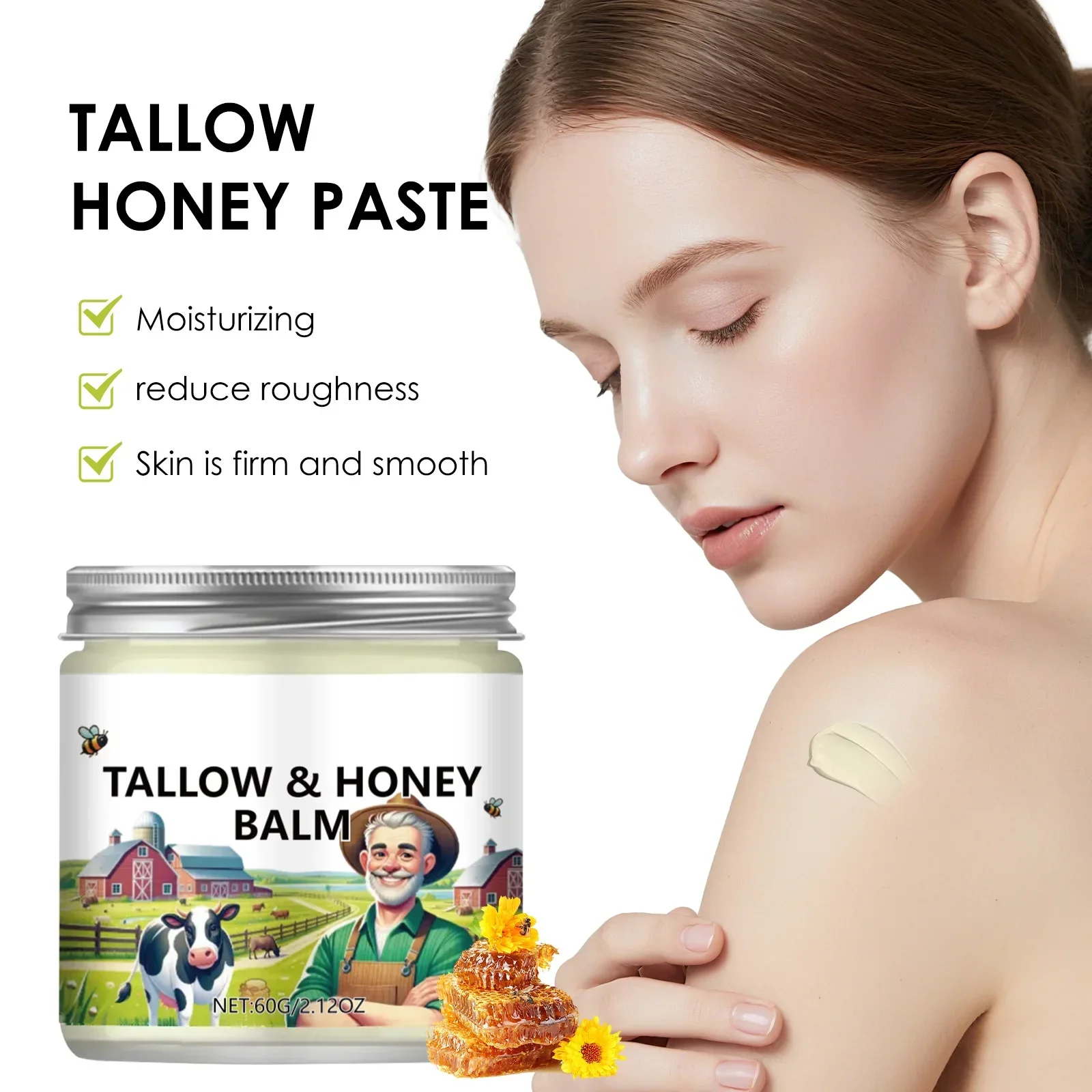 Tallow Honey Intense Moisturizing Cream 60g - Glycerin & Shea Butter Formula for Deep Dry Skin Hydration & Texture Repair.