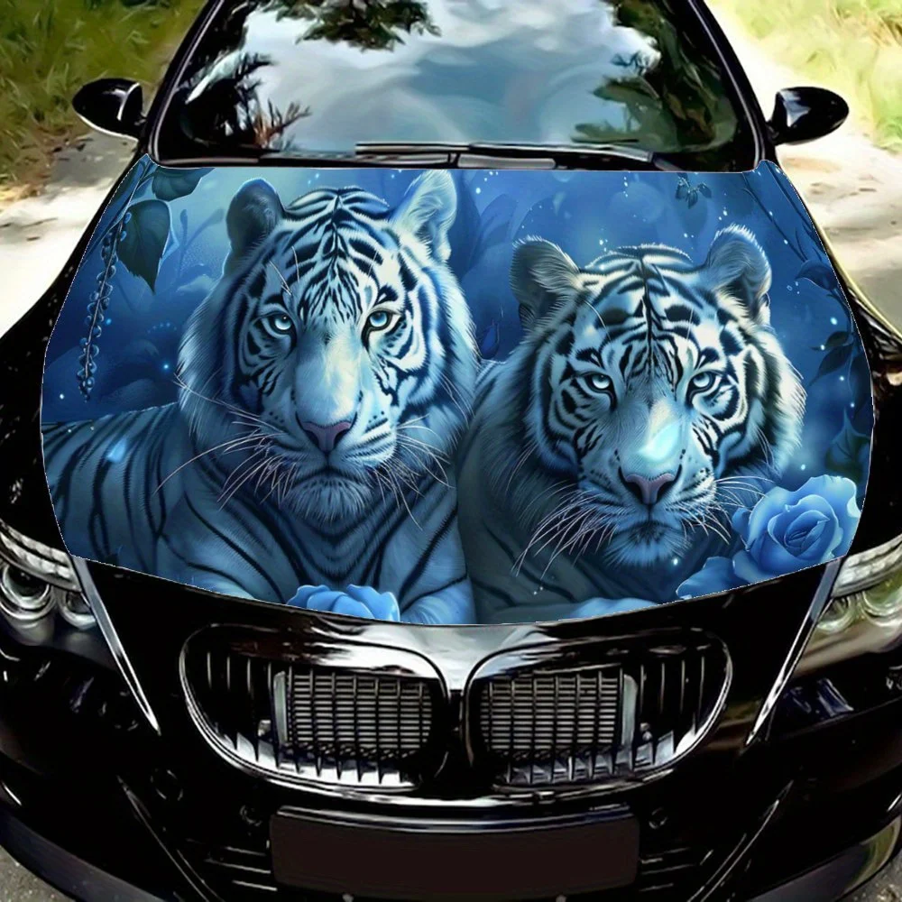 

Blue Flowers Sea Two Tigers Car Hood Decal,Self-Adhesive PVC Hood Decoration Scratch Resistant Sticker Protect,Auto Accessories