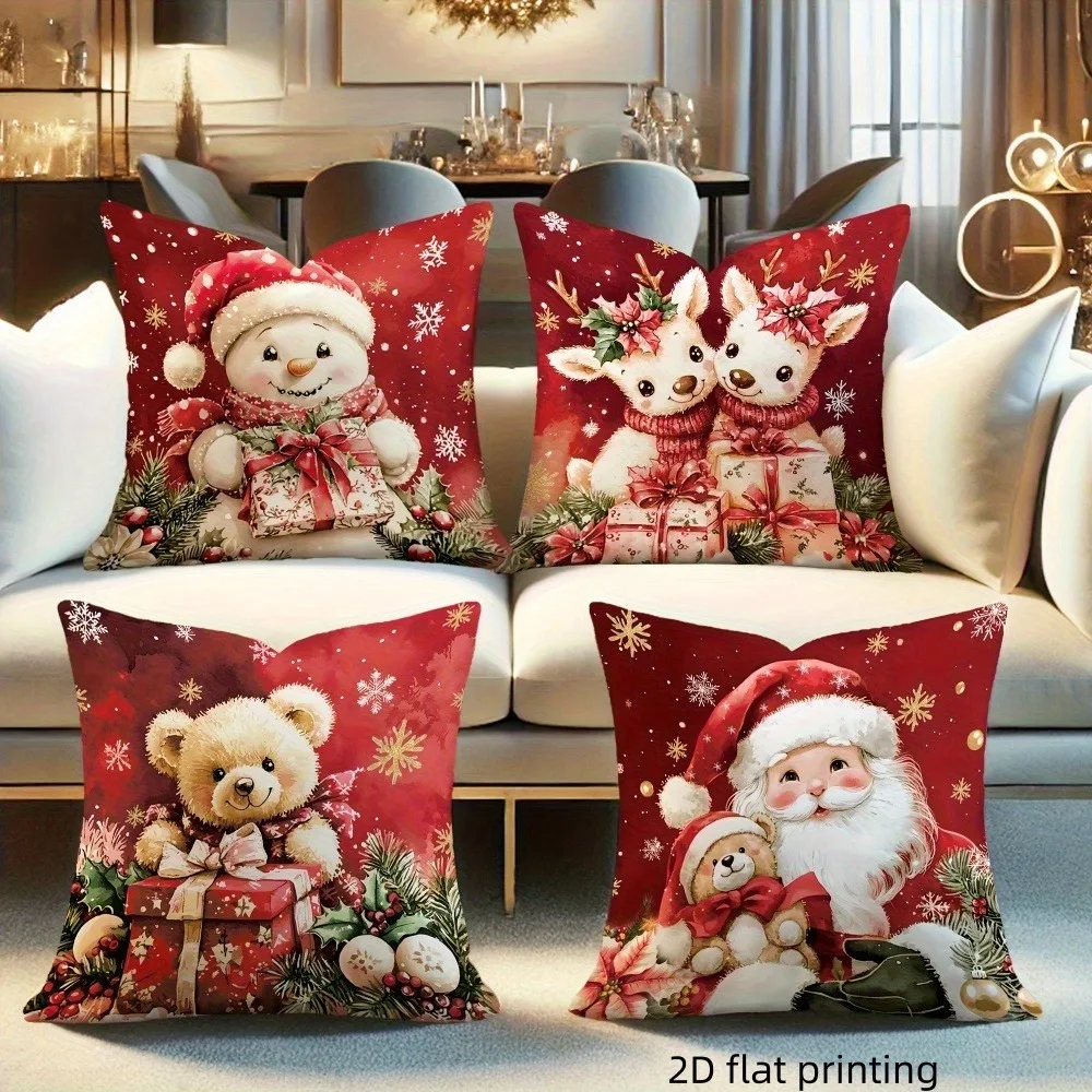 Entre los copos de nieve sobre un fondo rojo, linda funda de almohada con imagen navideña, decoración del hogar de Año Nuevo