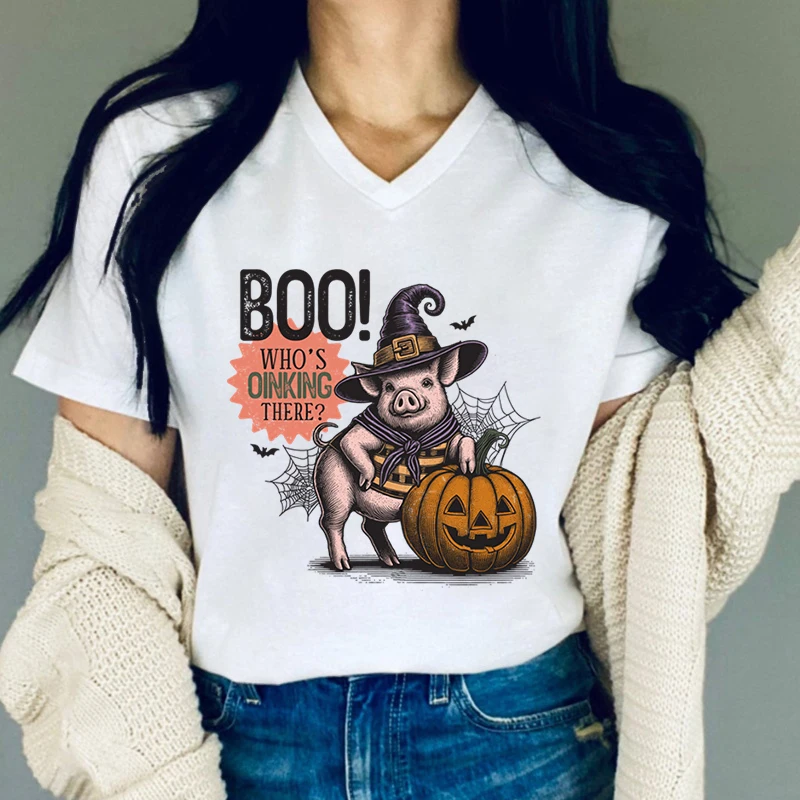 Witch Pig Boo Who's Oinking There Halloween TShirt Women Horror Pumpkin Casual Top Witch Pig Retro Style Funny Halloween T-shirt