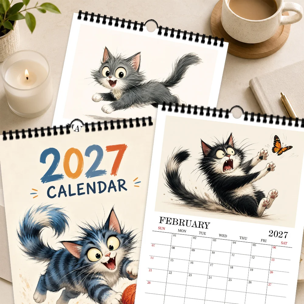 1pc 2027 Playful Kitten Hand Drawing Wall Calendar,12-Month Monthly Planner,Perfect Gift For Back-to-School, Christmas, New Year