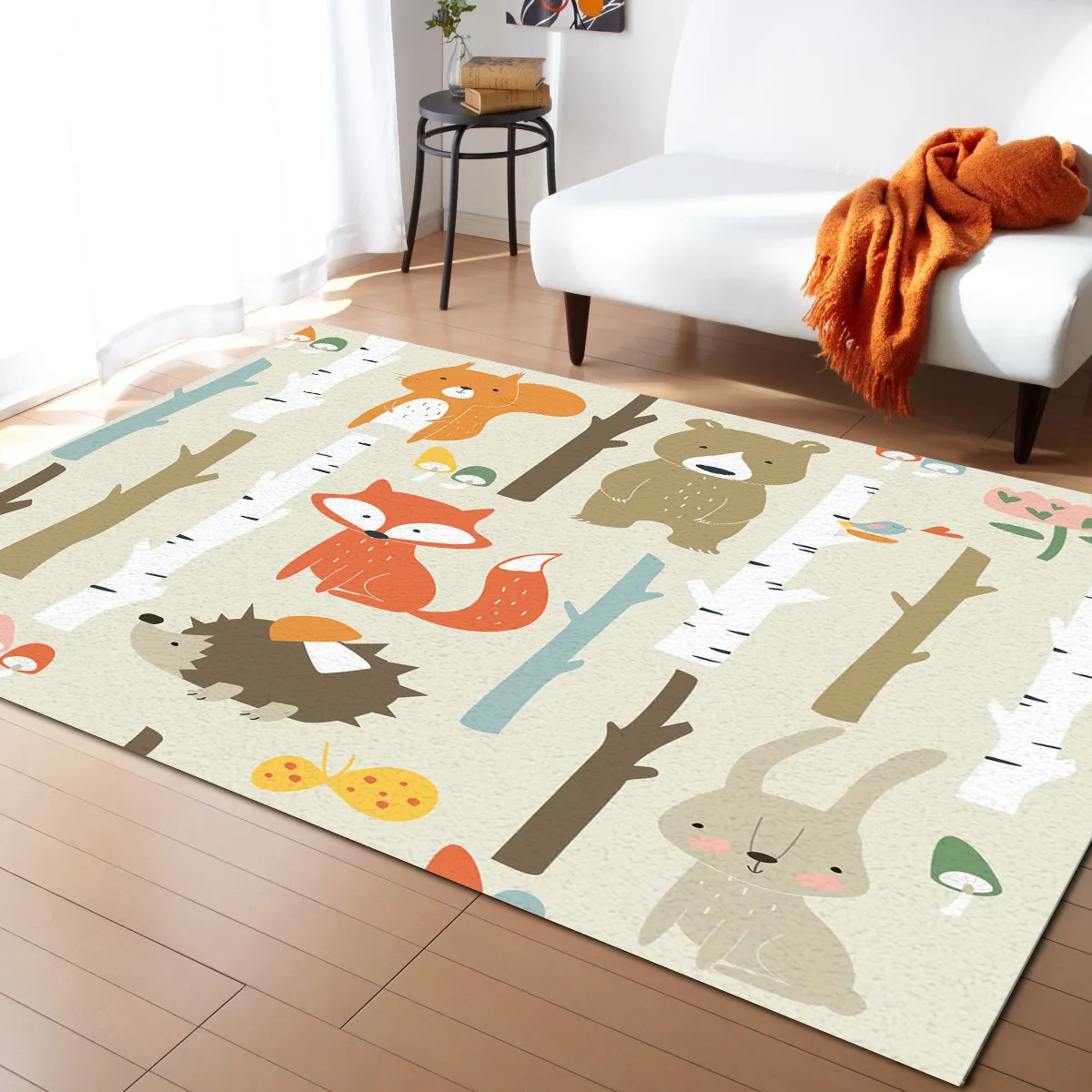 

Trees Children Animal Fox Rabbit Carpet Area Rug Children's Room Living Room Bedroom Large Rug Home Play Decoration Floor Mat