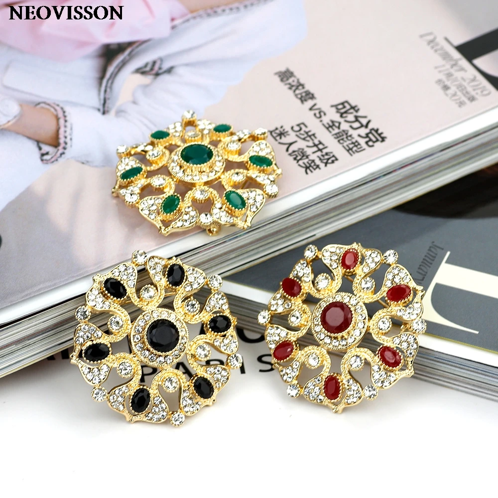 Gold Color Women Brooch Caftan Pins Round Flower Crystal Jewelry Turkish Design Arabic Bride Wedding Bijoux