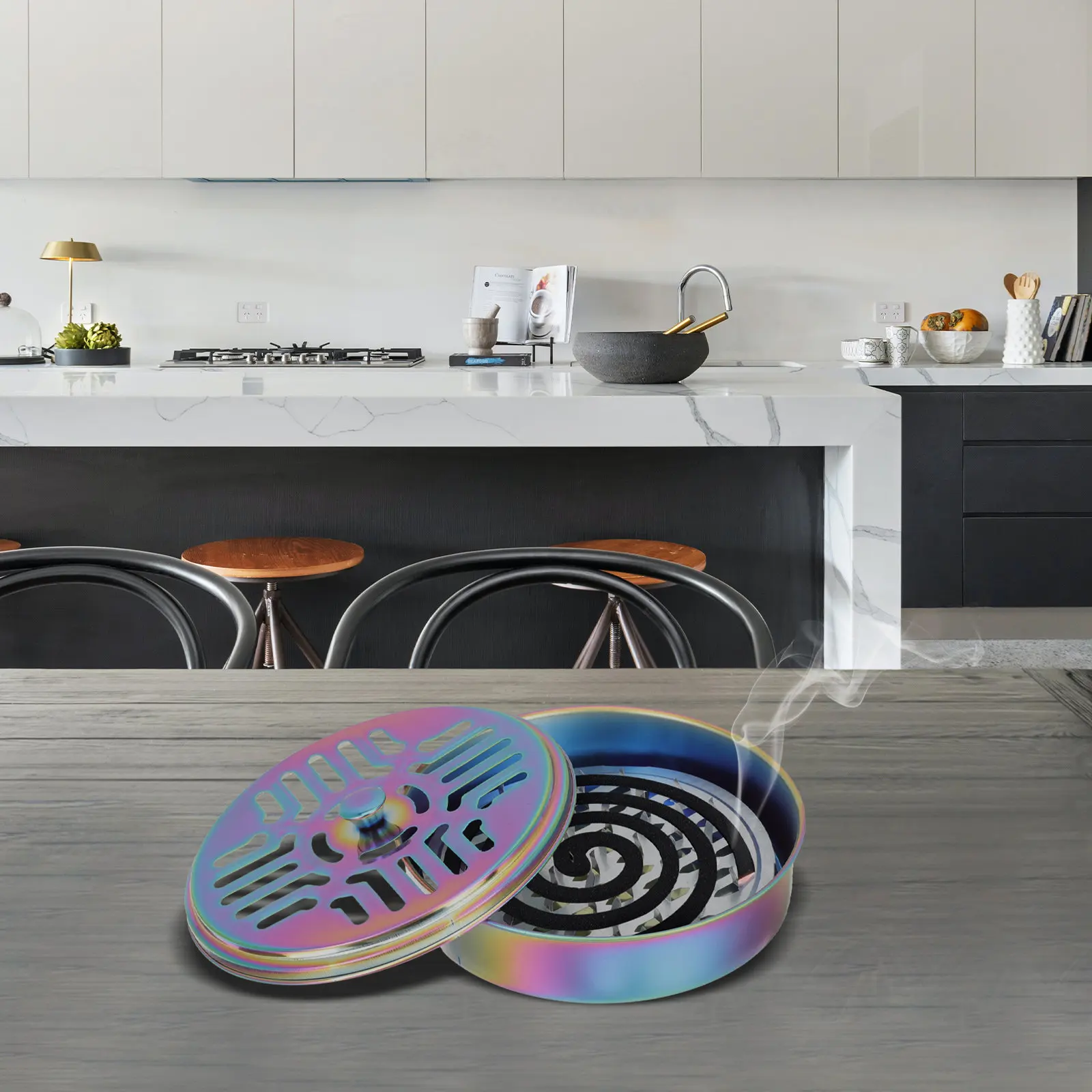 Stainless Steel Box Hollow Lid Round Burner Case Anti-Scald Incense Holder for Home Living Room