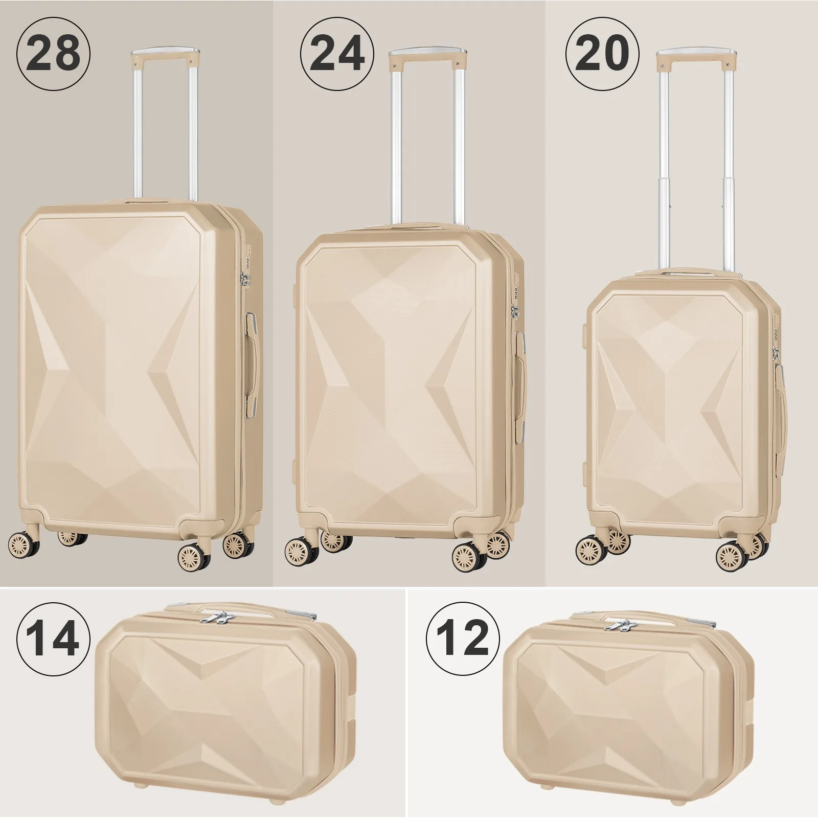 ABS material trolley box set of 5 pieces, ergonomically designed retractable handle for finger protection, smooth zipper luggage