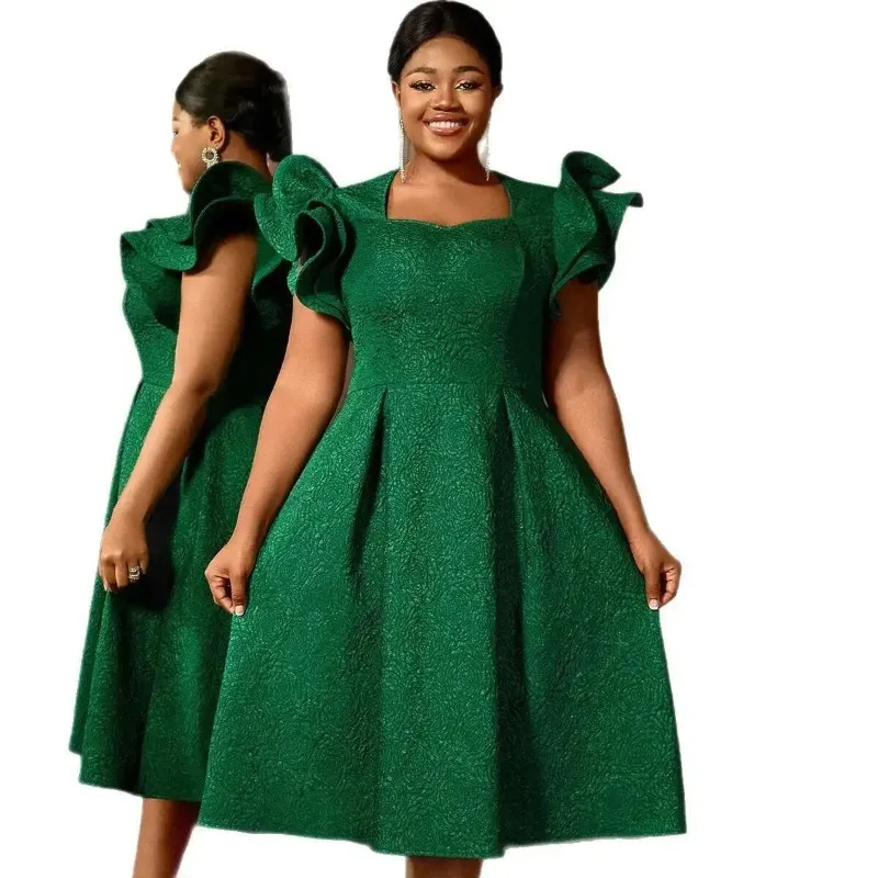 

Size Plus Elegant Jacquard Square Neck Dress with Ruffled 3d Sleeves A-line Slimming Evening Gown Dresses Elegantes Casual Y2k