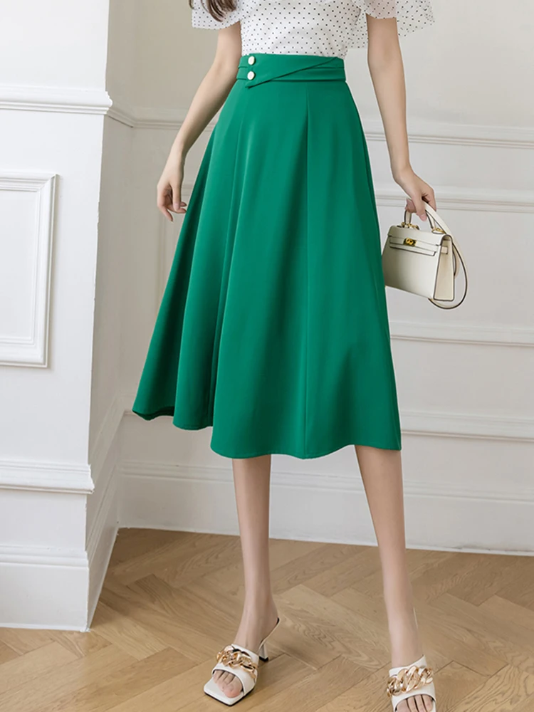 2024 Mode koreanischen Stil langen Rock Frauen Herbst elegante hohe Taille Büro tragen A-Linie Maxi röcke blau schwarz grün Falda Midi