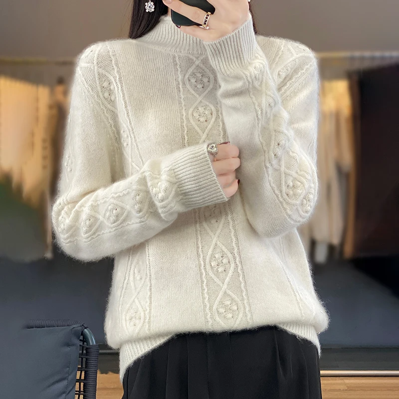 

100% Wool Cashmere Sweater Women's Loose Relaxed Knitted Half High Collar Pullover 2023 New High Quality Autumn/Winter Sweater