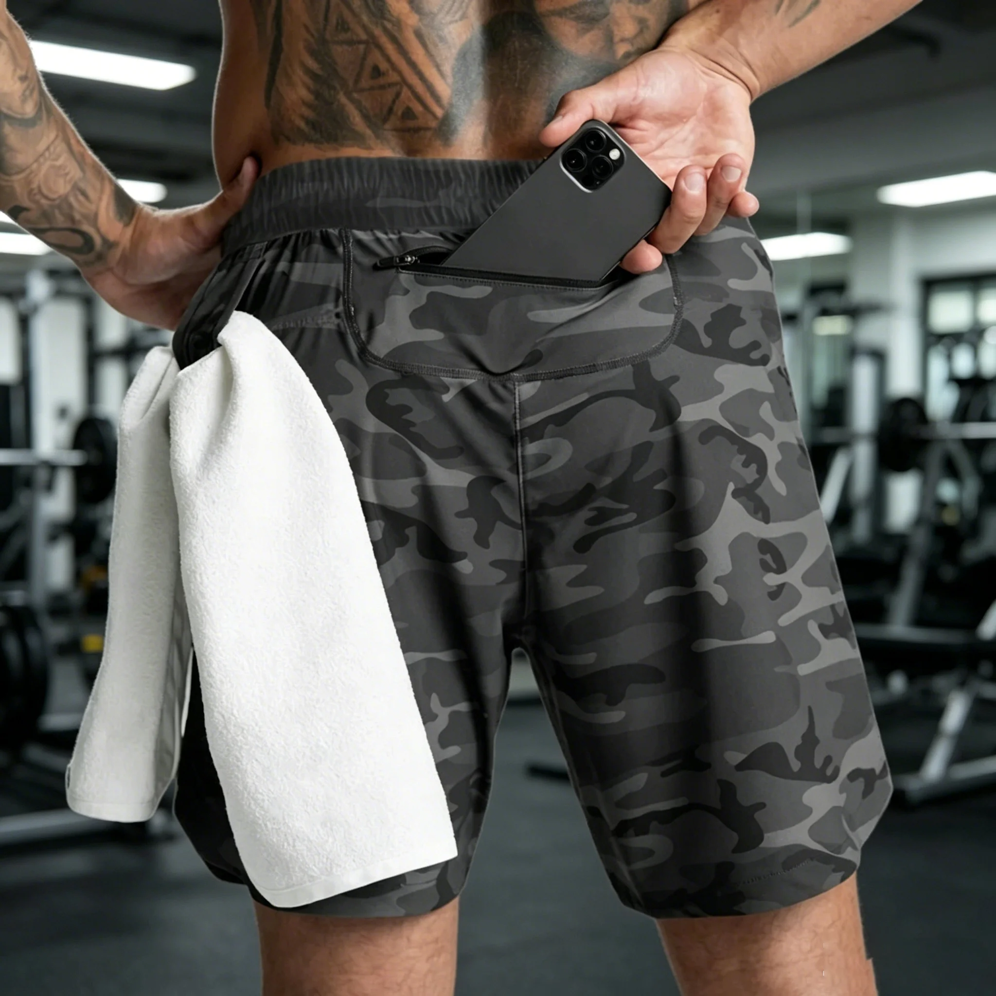 Men's Camouflage Shorts Woven Fabric Quick-Dry Breathable Single Zipper Pocket Gym Training Basketball Jogging Sports Shorts