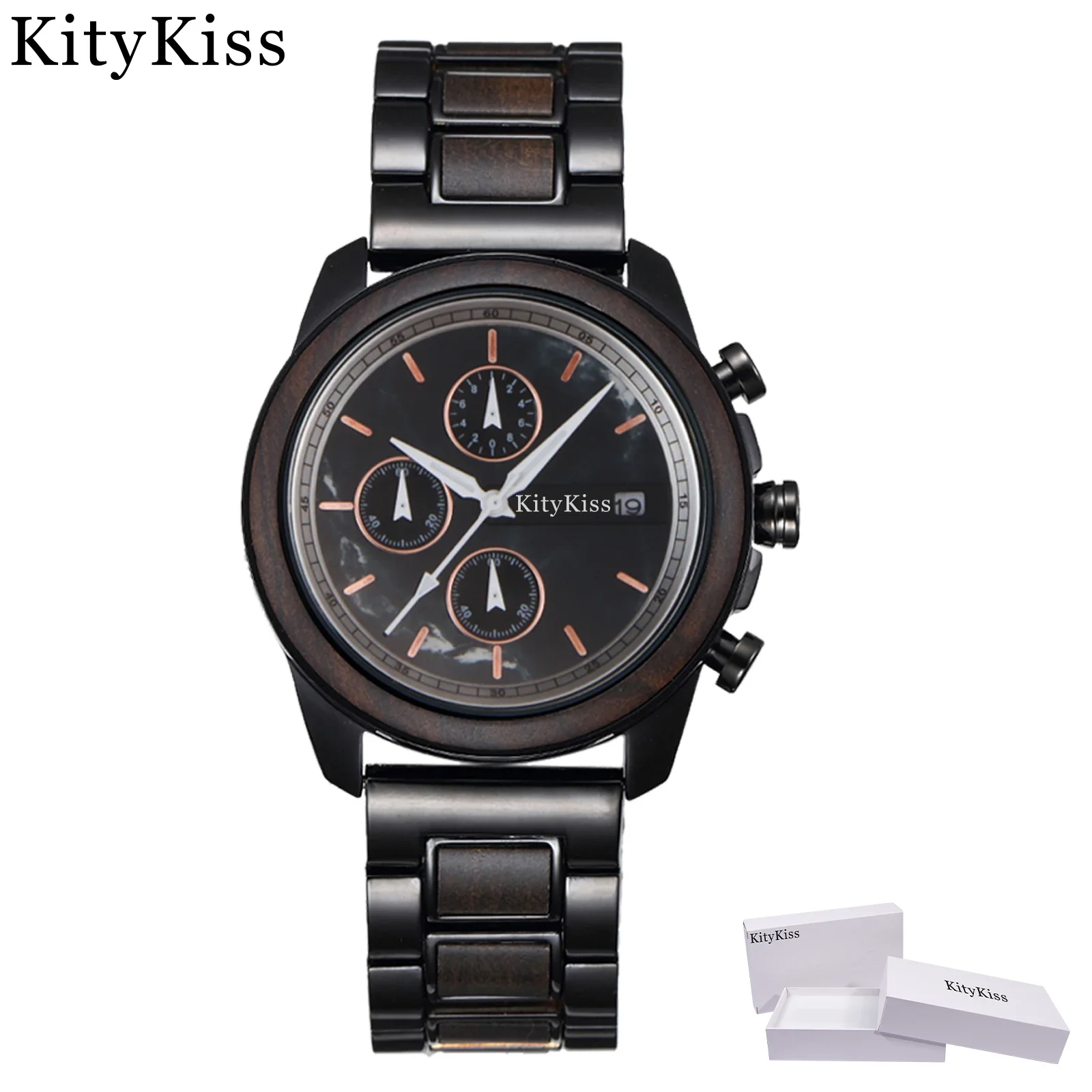 KityKiss Men's Luxury Alloy Combined with Wooden Watch Original Business Marble Surface Men's Watch Multi functional Quartz