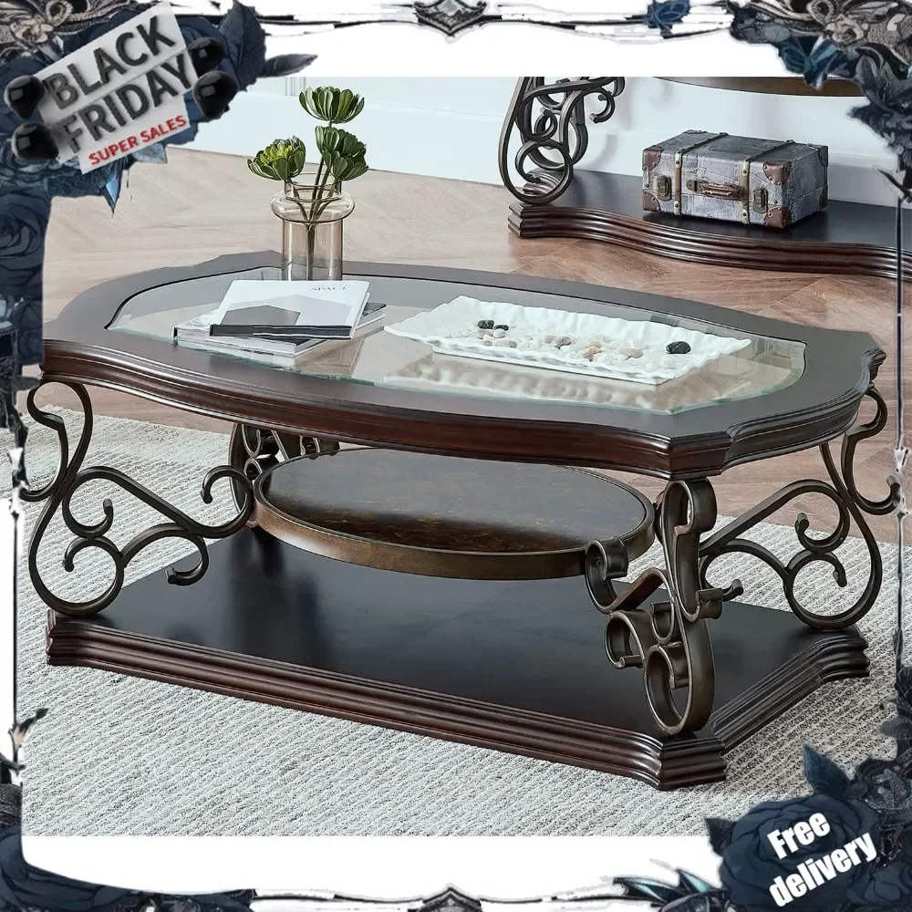 2-Tier Brown Vintage Wooden Coffee Table for Living Room Retro Glass Tea Table Top Carved Flower Shaped Table Legs Small Space