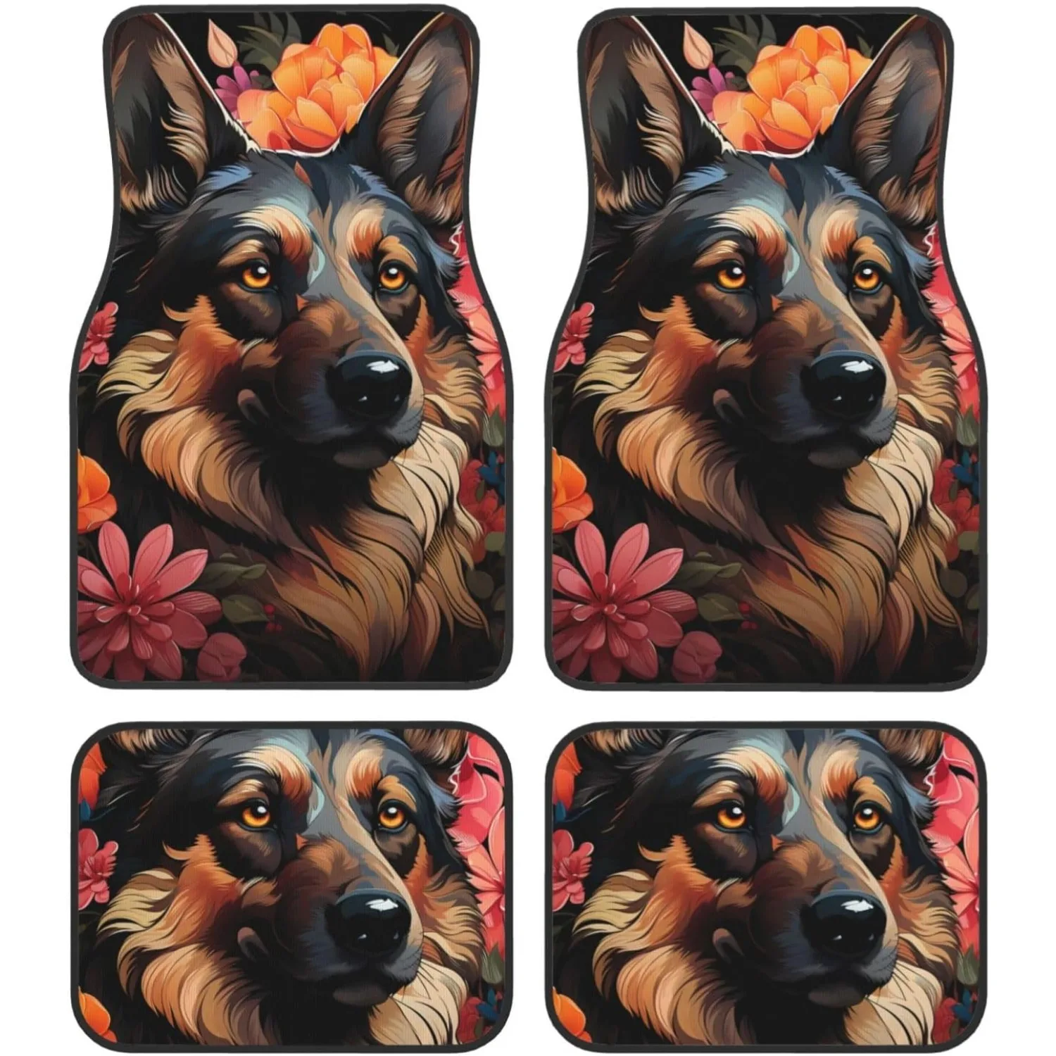 4pcs Colorful Flower German Shepherd Print Car Floor Mats | All-Weather Polyester Foot Mats, Universal Fit For Van, Auto, Truck